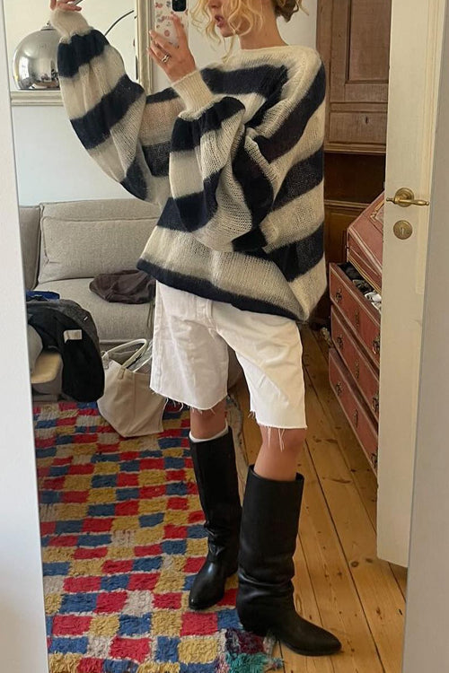 Lantern Sleeves Button Down Color Block Stripes Sweater with Scarf