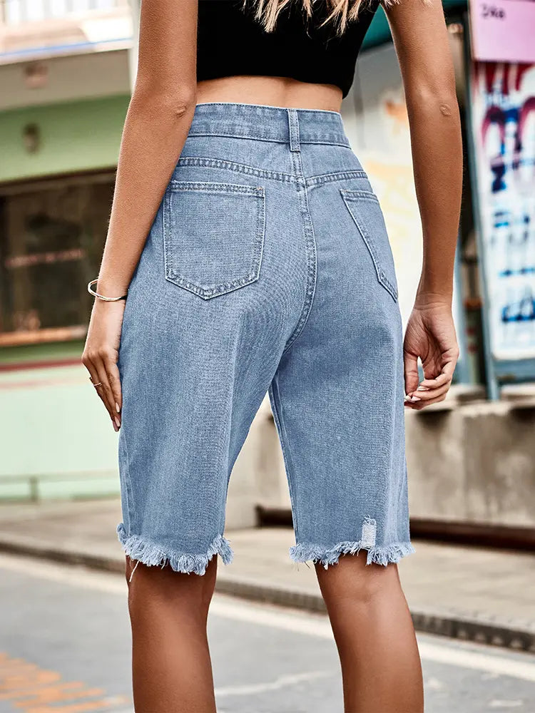 Distressed Fringe Hem Denim Shorts