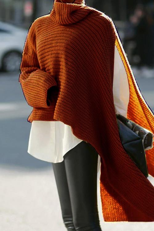 Turtleneck Asymmetric Slit Sleeve Ribbed Knit Sweater