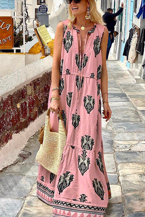 Tassle Deep V Neck Sleeveless Printed Maxi Swing Holiday Dress