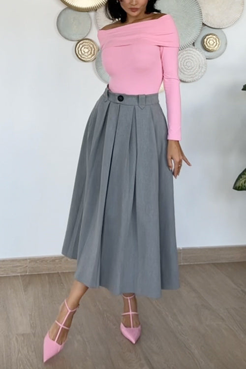 High Rise Pleated A-line Midi Skirt