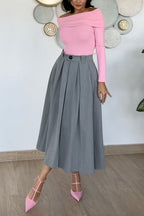 High Rise Pleated A-line Midi Skirt