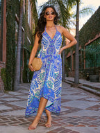 Ethnic-style Printed Off-shoulder V-neck Spaghetti Strap Long Dress