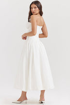Strapless Plunging V-Neck Corset Bodice Box Pleat A-Line Midi Dress