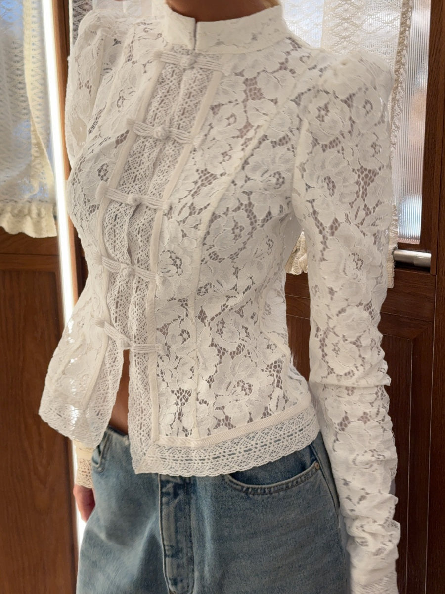 Lace Crochet Stand Collar Slim-fit Long Sleeve Sheer Top