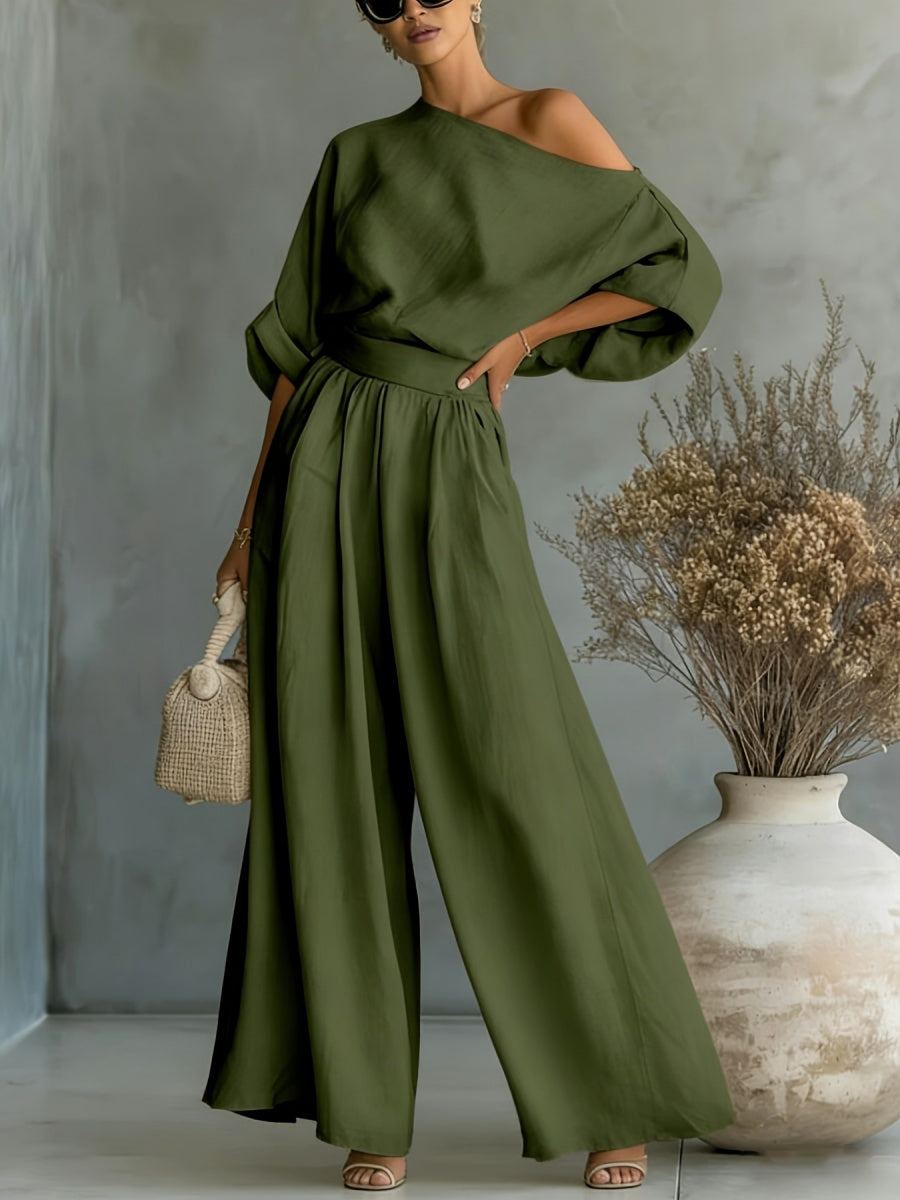Loose-fit Off-shoulder Jacket Wide-leg Pants Set 2-piece Sets