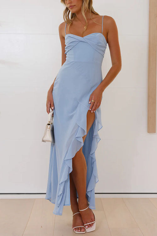Adjustable Strap Ruffle High Slit Maxi Dress