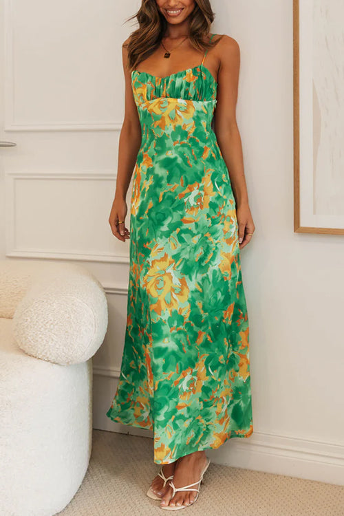 Spaghetti Strap Twist Back Printed Maxi Vacation Dress