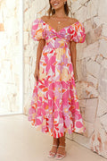 Twist Knot Cut Out Puffle Sleeves Printed Ruffle Maxi Dress