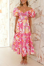 Twist Knot Cut Out Puffle Sleeves Printed Ruffle Maxi Dress