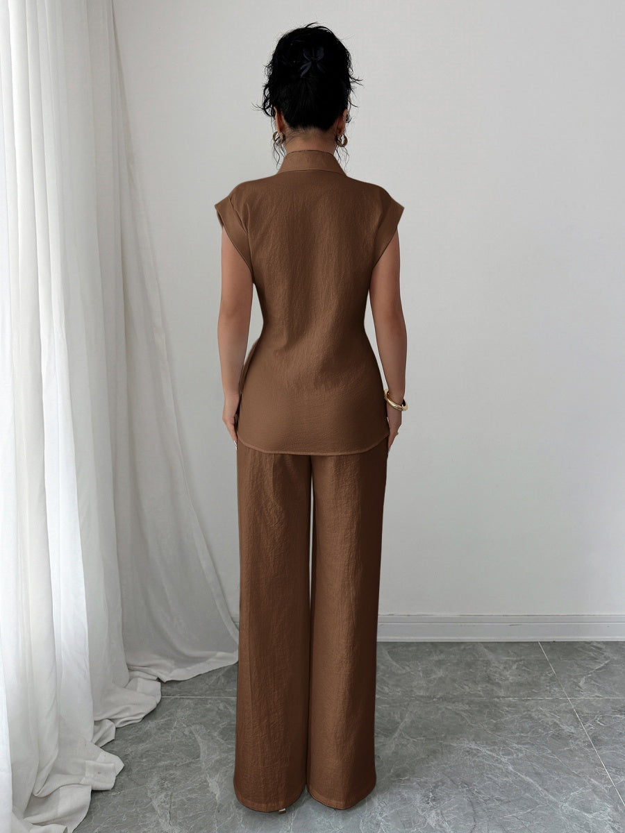 Lapel Sleeveless Kink Shirts Wide-leg Pants Business Suit 2-piece Sets