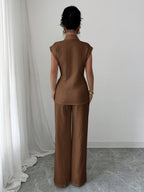 Lapel Sleeveless Kink Shirts Wide-leg Pants Business Suit 2-piece Sets