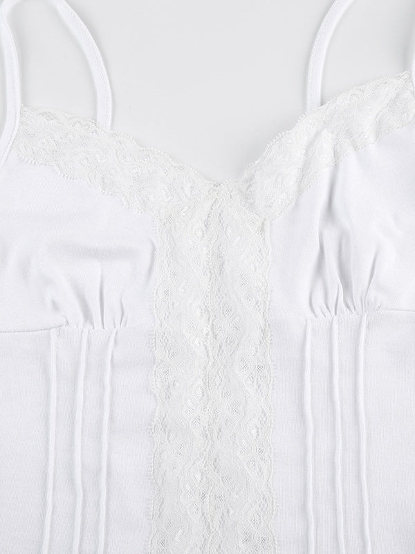 Deep V-neck Solid Color Lace Trim Split Camisole