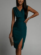 V-neck Sleeveless High-waisted Slit Dress Pleated Solid Color Short Dress