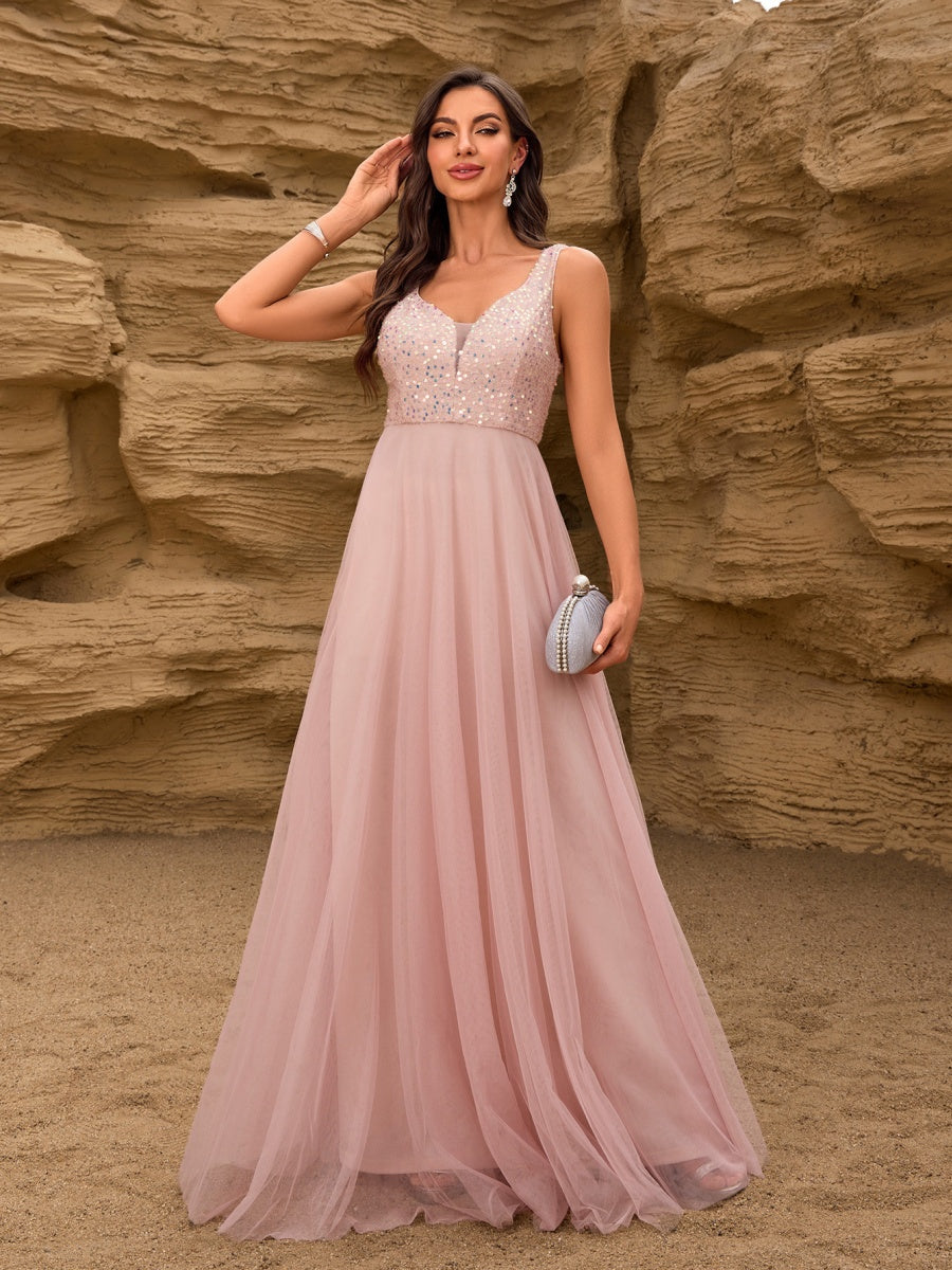 V-neck Embroidery Sequins Elegant Gauze Formal Dress Maxi Dresses