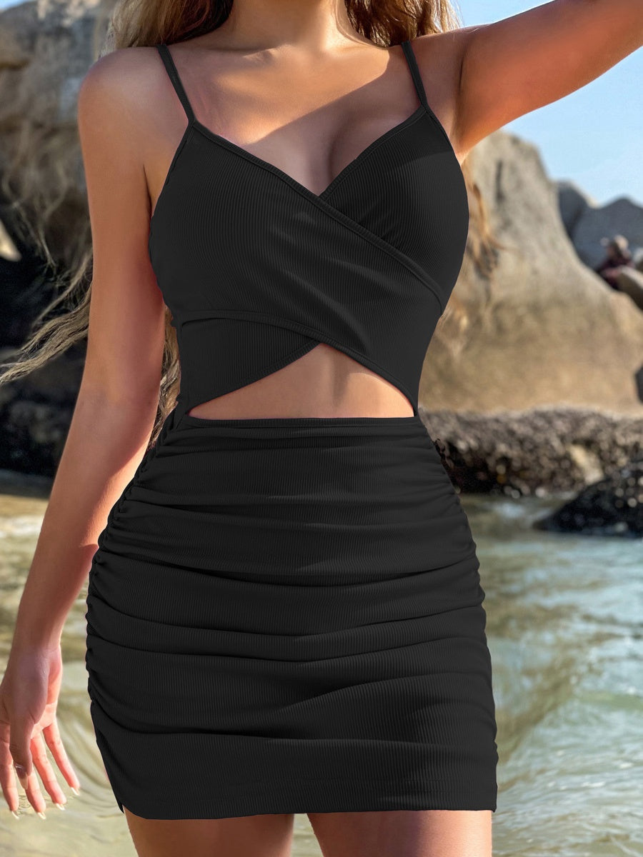 Ribbed Cross Strap Hollow-Out Short Dress