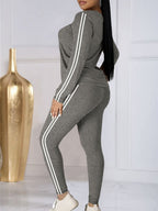 Casual Sports Color-blocked Striped Long-sleeved Top And Trousers Two-piece Set