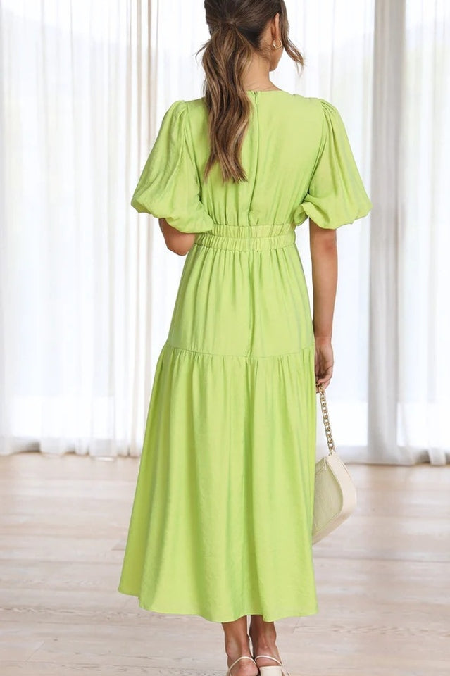 Deep V-Neck Smocked Waist Puff Sleeve Tiered Midi Dress