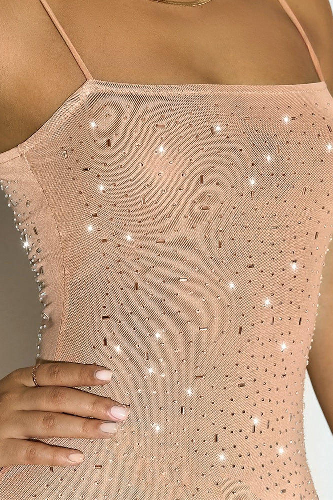 Sheer Mesh Rhinestone Spaghetti Strap Bodycon Dress