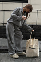 Knit Ribbed Collar Long Sleeve Loose Two Piece Set