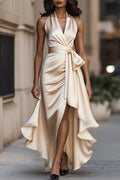 Solid Color Elegant V-neck Waist Irregular Ruffle Maxi Dress