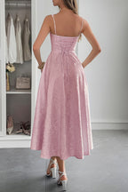 Jacquard Floral Bustier Lace Trim Pointed Waist Fit and Flare Midi Dress