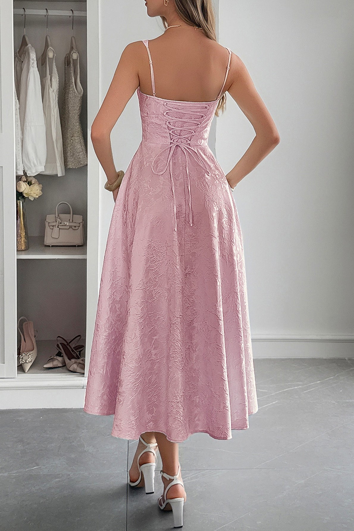 Jacquard Floral Bustier Lace Trim Pointed Waist Fit and Flare Midi Dress
