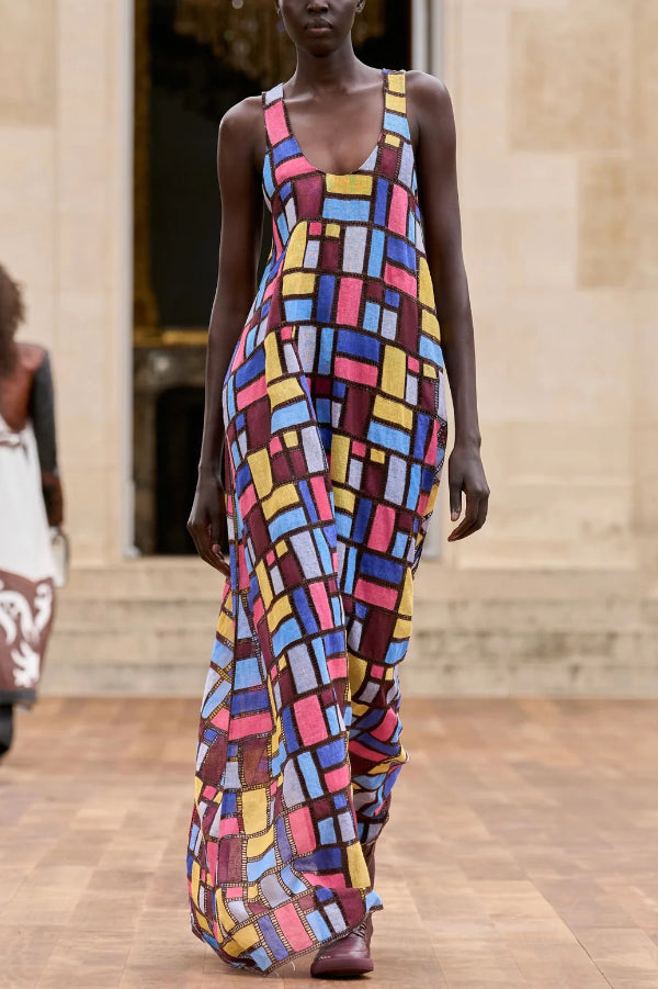 Stylish Color-blocked Plaid Print Sleeveless Round Neck Loose Maxi Dress