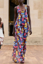 Stylish Color-blocked Plaid Print Sleeveless Round Neck Loose Maxi Dress