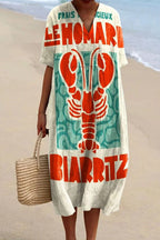 Lobster Graphic Oversized V-Neck Short Sleeve Linen Shift Midi Dress