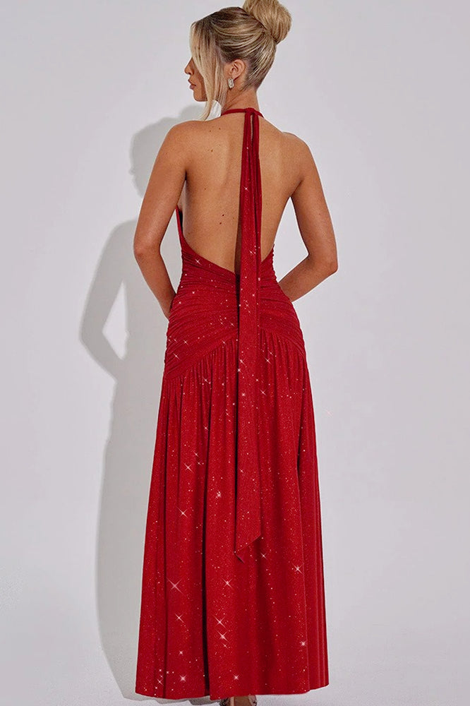 Glitter Halter Choker Deep V-Neck Ruched Waist High Split Maxi Dress
