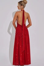 Glitter Halter Choker Deep V-Neck Ruched Waist High Split Maxi Dress