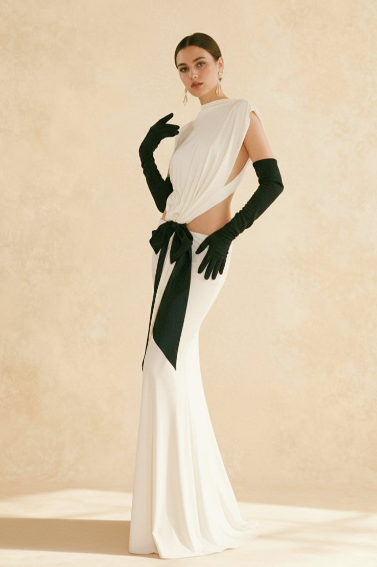Mock Neck Sleeveless Side Cut Out Oversized Bow Tail Maxi Gown