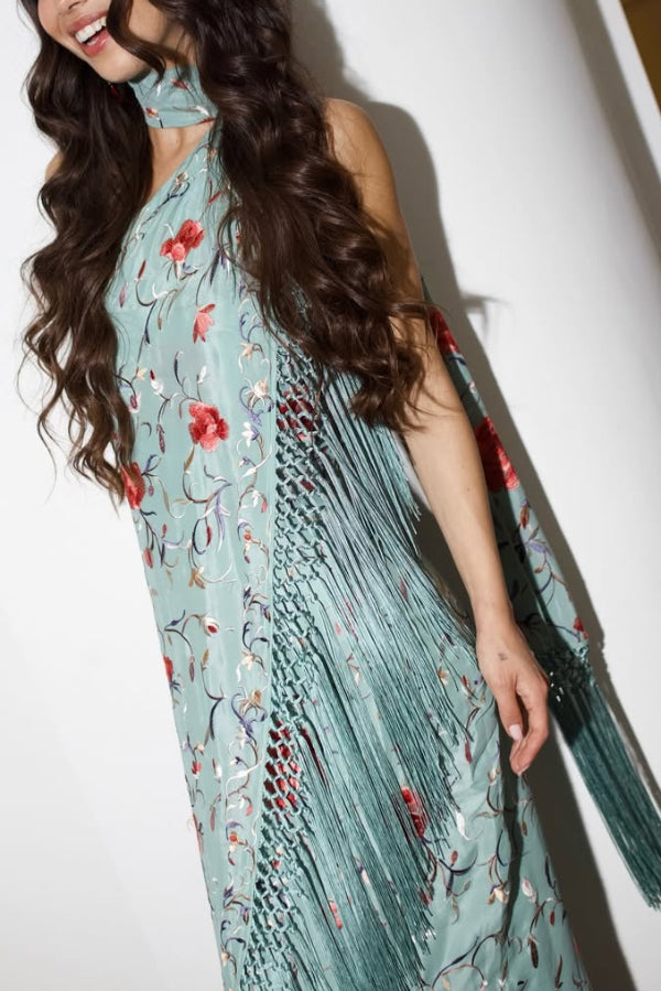 Floral Print Halter Neck Sleeveless Elegant Tassel Maxi Dress