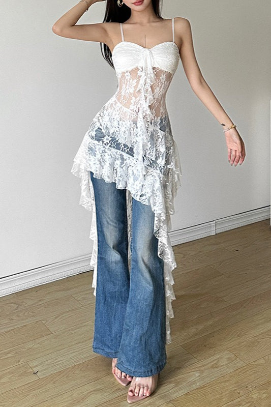 Floral Lace Spaghetti Strap Ruched Tiered High Low Maxi Dress