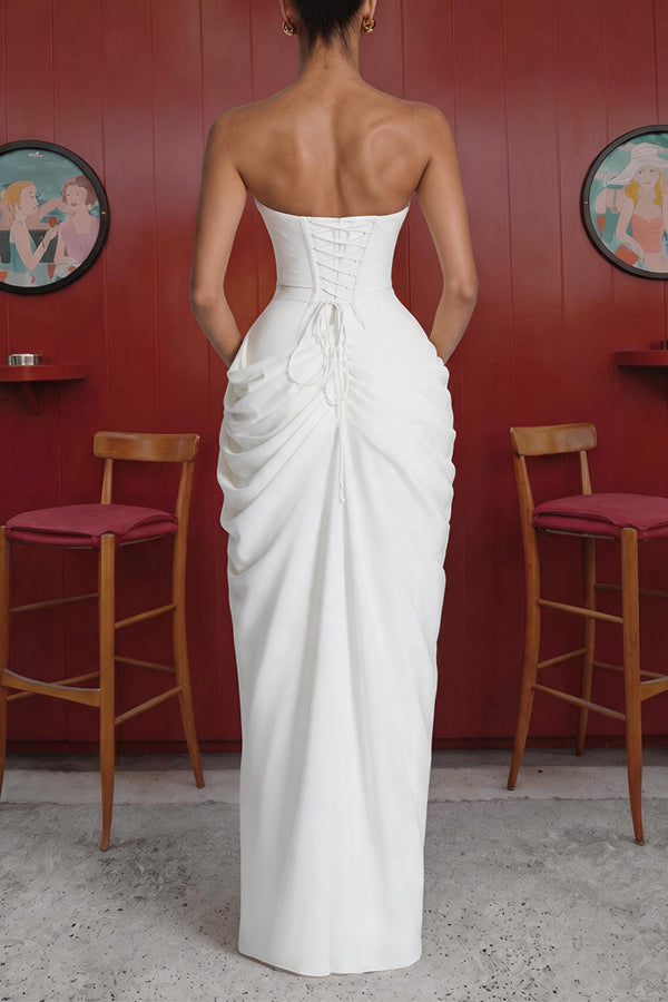 Cyra Back Lace-up Asymmetrical Pleats Strapless Slit Maxi Dress