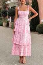 Square Neck Ruched Bust Toile Floral Print Tiered Maxi Dress