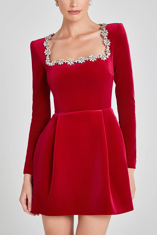 Velvet Square Neck Rhinestone Trim Long Sleeve Pocket A-Line Mini Dress