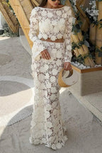 Stylish Long-sleeved Backless Lace Top and Elegant Openwork Maxi Fishtail Skirt Set