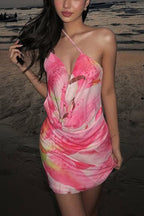 Abstract Print Satin Asymmetrical One Shoulder Draped Cowl Neck Mini Dress