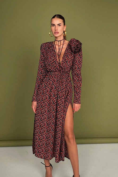 Deep V Neck Long Sleeve 3D Flower Applique High Slit Maxi Dress