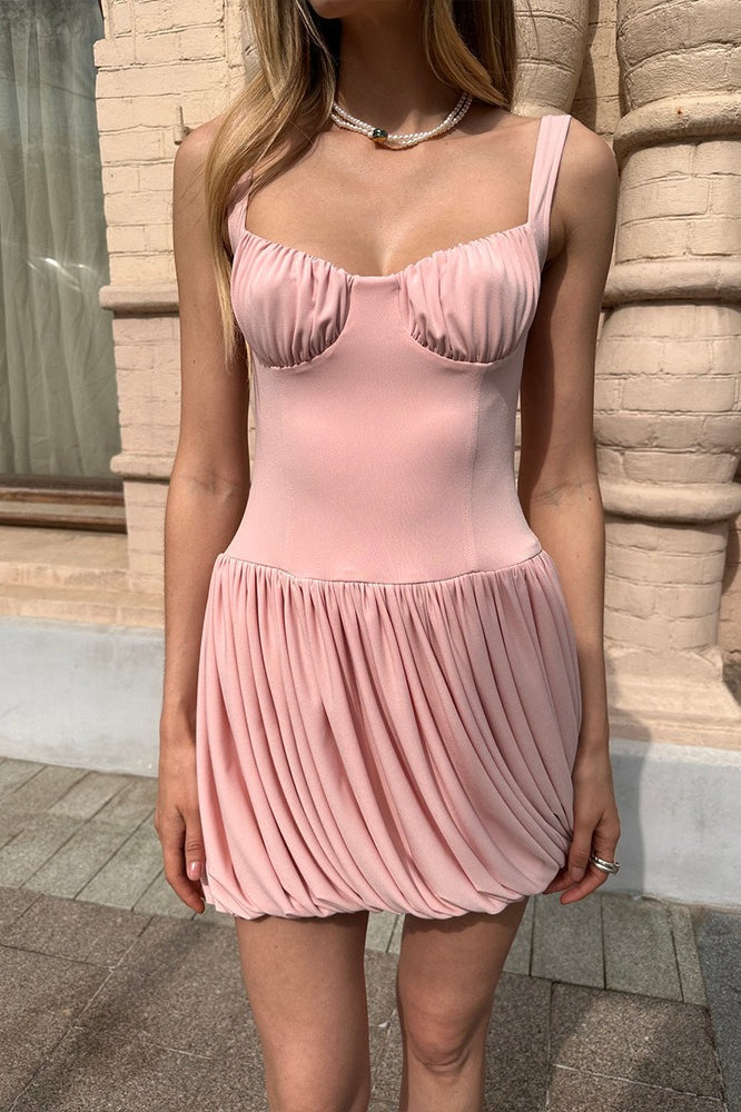 Strapless Sweetheart Neck Ruched Bubble Hem Pleated Mini Dress