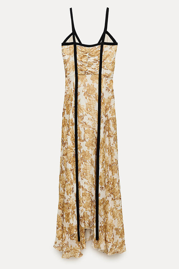 Floral Print Spaghetti Strap Contrast Trim Pleated Maxi Dress