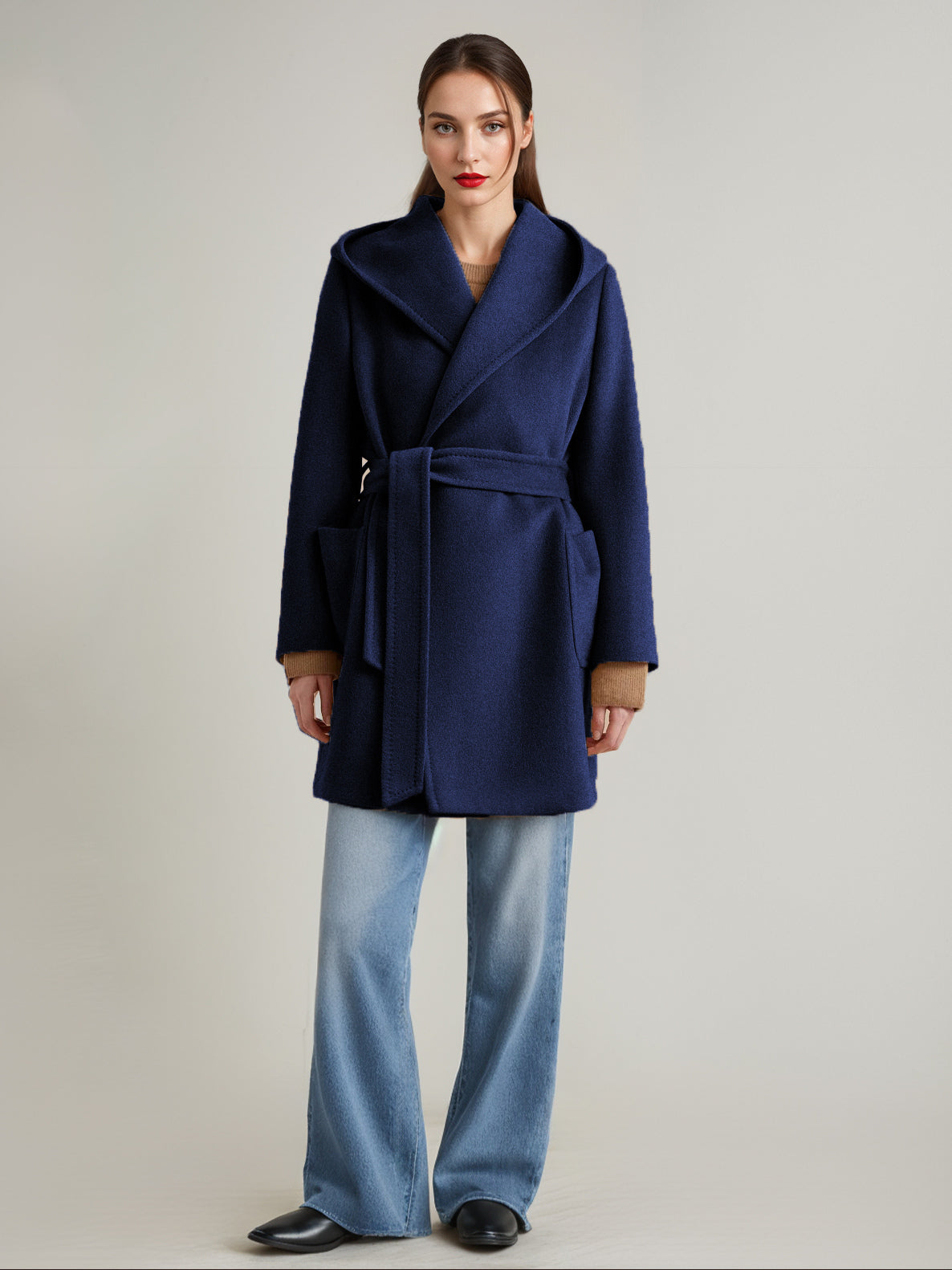 Wool Cashmere Blend Coat With Hood Camel Belted Double-Faced Short Wrap Coat For Women 2026