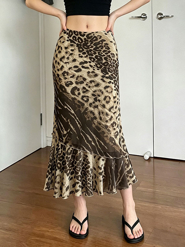 Leopard-Print Patchwork Bodycon Maxi Skirt