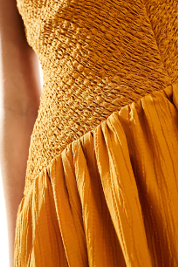 Smocked Bodice Crinkle Texture Spaghetti Strap V-Neck Maxi Dress