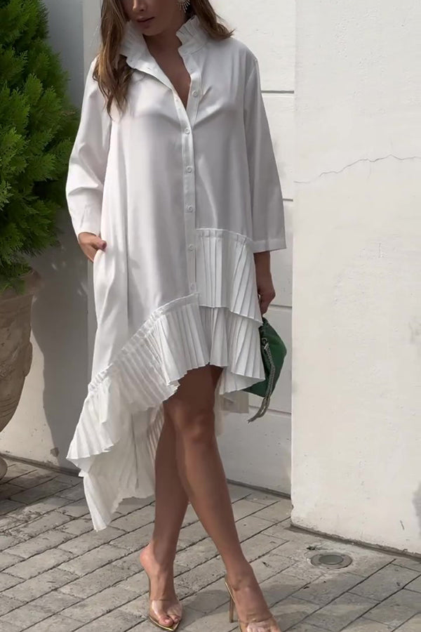 Stand Collar Pleated Ruffle High-Low Oversized Shirt Dress