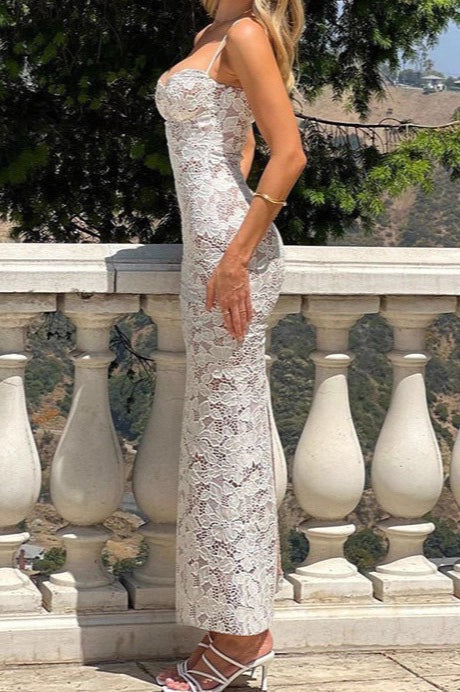Floral Lace Corset Bustier Spaghetti Strap Column Maxi Dress