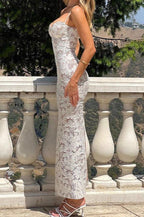 Floral Lace Corset Bustier Spaghetti Strap Column Maxi Dress