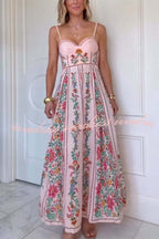 Linen Blend Delicate Forest Unique Print Sweetheart Neck Beaded Straps Maxi Dress